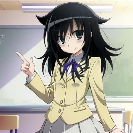 masterpiece, detailed, solo, tomoko-kuroki, looking at viewer, yellow school uniform, classroom background, <lora:tomoko-kuroki:0.85>