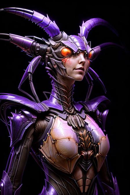 portrait of midnightblue crab female (long neck, slender arms)) massive headdress, bio armor, (luminesce purple glowing) floating particles, insect textures, scifi,