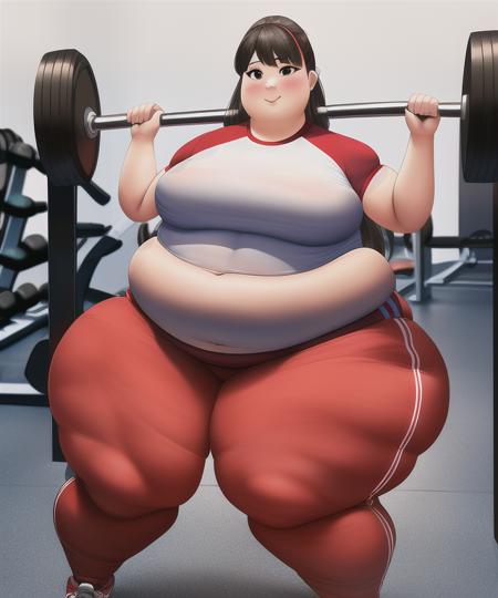 art by better with salt, (masterpiece), highest quality, 1girl, obese, thick thighs, hyper belly, wide hips, female only, tight clothes, gym clothes