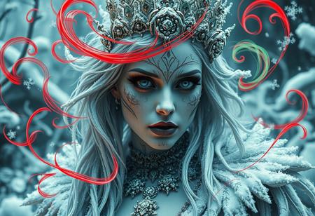 “A hyperrealistic depiction of an ice princess with an eerie ambiance, wearing heavy gothic makeup, set in a rotten and decayed world. The scene is intricate with frost-covered elements, blending a fantasy horror concept with a dark fairytale wonderland background. Red and acid green color twirls swirl through the scene, adding an ominous and sinister touch. The white and gold color palette contrasts sharply with decayed, rotting surroundings and the red and green accents, creating a haunting atmosphere. The image uses a 12mm lens effect to enhance depth and distortion, with sharp contrasts, deep shadows, and an ultra-detailed photorealistic style. The ice princess appears both enchanting and terrifying, emanating mesmerizing visual storytelling in a chilling, frost-bitten, and decayed environment. A rotten writing in ebon wood reads ‘a buzz 4 the Queen?’.”