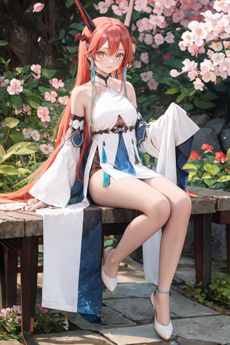 masterpiece,best quality,highres,ultra-detailed,(facing_viewer:1.1), (full body), solo, 1girl, medium_breasts, straight_long_hair, sitting,  outdoors, garden, cherry blossom trees,chinese clothes,bare shoulders,detached sleeves,sleeves past wrists, <lora:SelfTraining_æè£-åç¥æ­¸çµ:1>, tania, dragon girl, dragon horns, red hair, orange eyes, large breasts, long hair, <lora:Character_è¢«åèéä¼éé¤çé¦­ç¸ä½¿-å¡å¦®é:0.8>