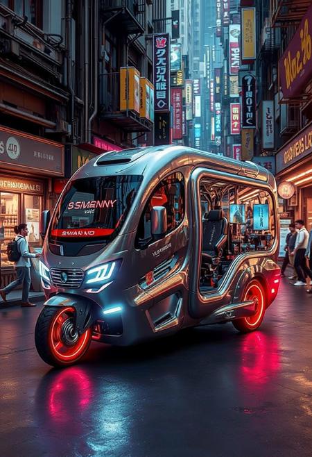 YFG-R1gs, A shape-shifting delivery van, its liquid metal body morphing into a sleek motorcycle, navigates a crowded cyberpunk alleyway. The vanas AI optimizes its form for speed and agility, while its holographic projectors display advertisements on the surrounding walls. The alleyway is a neon-lit maze of shops and kiosks.