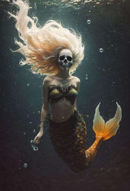 assassinkahb style, a realistic vibrant colorful photo of an mermaid wearing a T-Shirt, solo, Skull, simple background, 1girl, detailed background, upper body, female focus, long hair in wind, underwater, bubbles, white hair, bleaked colors, translucent dark-amber fin tail, atmospheric haze, Film grain, very detailed, simple, Gradient,, atmospheric haze, Film grain, cinematic film still, shallow depth of field, highly detailed, high budget, cinemascope, moody, epic, OverallDetail, 2000s vintage RAW photo, photorealistic, candid camera, color graded cinematic, eye catchlights, atmospheric lighting, imperfections, natural, shallow dof