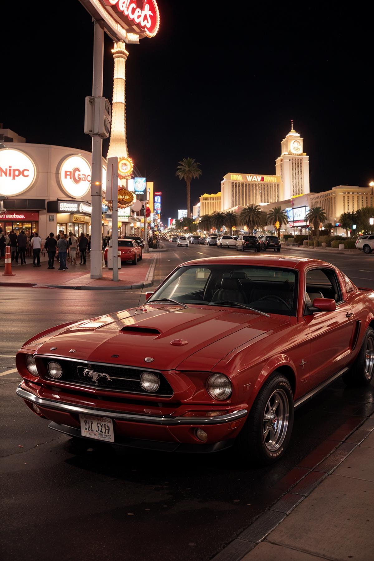 A red Mustang muscle car parked on a busy street in Las Vegas.