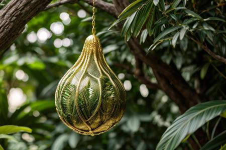 RAW photo, alien creature, golram tree, elaborate intertwining serpentine wide low dense canopy, large round golden shiny fruit, hanging down low on thin strands, 8k uhd, soft lighting, amazing detail, award winning, masterpiece