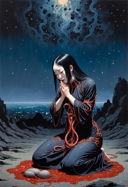 painting in the style of Shintaro Kago, a dark priestess kneels in prayer to a big black ominous God, ritual garbs, kneeling, lowered head, face down, paying obeisance, tentacles are ripping out from her body, tearing her flesh in the process, gore and blood, close-up, Starry Night, Constellation Discovery, dark environment, shadowy space, dark atmosphere, shady environment, ominous shadows, no text, fantasy