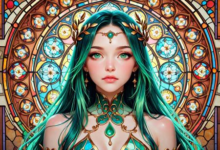 lazypos, ArsMJStyle, art nouveau, masterpiece, hyper-realistic,  
A majestic portrait of a stunning girl with long, flowing green hair and piercing jade-green eyes that sparkle with brilliance. She sits regally on a grand throne, adorned in an intricate jade-green glass gown that shimmers in soft, luminous light. The background features a breathtaking stained-glass design, casting a kaleidoscope of colors across her glowing, ethereal skin. Subtle particles float in the air as the warm stained-glass light bathes her in radiance, creating an intense yet regal atmosphere. Framed center-shot, she exudes captivating sensuality and commanding presence. Above her throne hangs a bold red banner with the words “buzz now” elegantly written in shimmering gold block letters, adding a striking focal point to the composition.