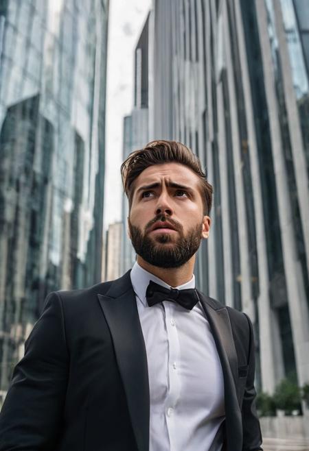 A man with a beard and brown hair,  afraid, 
wearing a black suit, 
white shirt, 
and black tie. He appears to be in a business setting, 
with a backdrop of tall glass buildings. The man has a surprised or shocked expression on his face. highly detailed face, 
intricate clothing, 
high res, 
Sony A7R IV, 
greggiger, 
64K, 
HDR all body