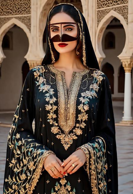 arabic_female_1 , full face a beautiful faced  woman dressed in an embroidery dress ,  with beautiful black kaftan, best quality, 4k, ultra realistic , super quality, five finger hands, background of sheikh zayed mosque