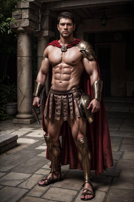 spartanarmor red cape holding weapon holding shield helmet shoulder armor loincloth sandals