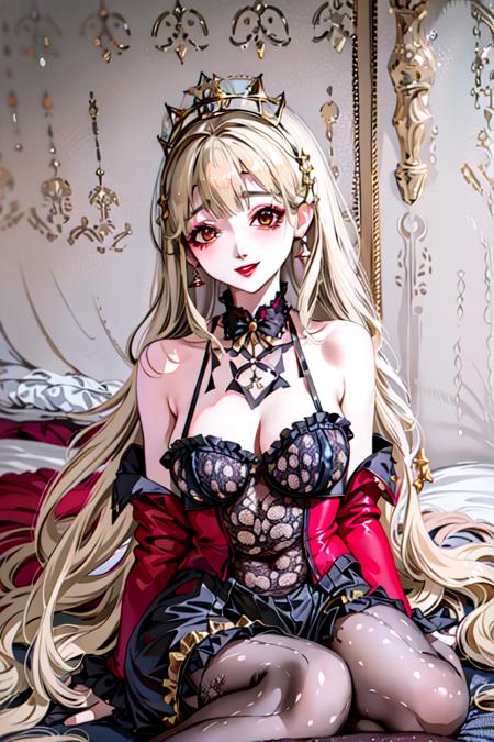 lewd smile lustful hooker thong palace gold_crown pantyhose throne blonde hair jewelry earrings halocro