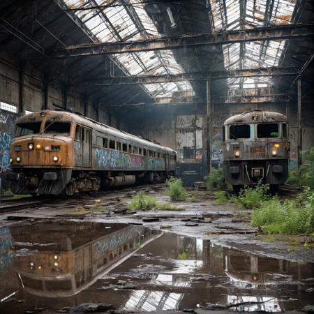 abandoned train depot with leaking roof, large puddles on the cracked concrete floor, rusted electric locomotives from the 1970s covered in dust and graffiti, wet metal surfaces reflecting dim natural light, broken overhead lighting, shattered windows letting in grey daylight, overgrown vegetation creeping inside, photorealistic, high detail, moody atmosphere, water dripping from ceiling, cinematic composition, ultra-realistic, 35mm lens, depth of field, wet surfaces, HDR, sharp textures, damp smell vibe