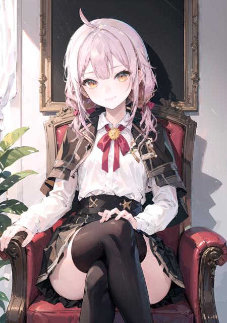 masterpiece, best quality, 1girl, <lora:ace_taffy_v4:1> ,ace_taffy_v4,crossed legs, evil smile, from below, loafers, black thighhighs, on chair, indoors, on stomach, white shirt, brown capelet, looking at viewer, brown skirt,