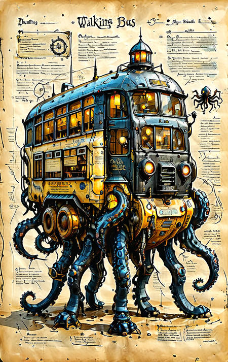 An illustrated medieval old worn page of (walking school bus octopus, science fiction, standing, Walking vehicle, black paint), text is Old English and Gothic, parchment page, intricate details, muted colors, high resolution, best quality, fantasy vibe
(ultra sharp focus:1.8), (thin lines:1.8), (best quality:1.8), (((sharp focus))), reflections,
<lora:MJ52:0.8> <lora:ParchartXL_CODA:1>
<lora:Apparatus_-_Traction_City_Walkers_Vehicles:0.8>,