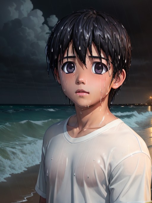 masterpiece, best quality, octane render, YoungKouta, on a beach at night, darkness, rain, detailed hair, insanely detaile...