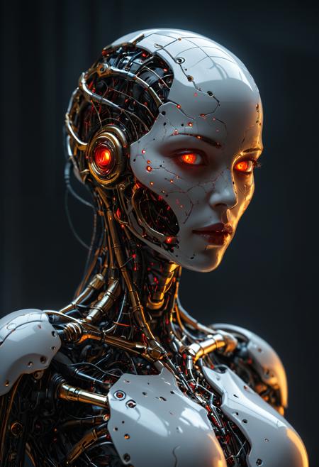 Beautiful female cyborg, part machine and part human, glowing red eyes, cinematic photography, golden cobweb, majestic, awesome, inspiring, closeup, smooth, atmospheric haze, cinamatic composition, soft shadows, national geographic style, neon glow, extremely detailed