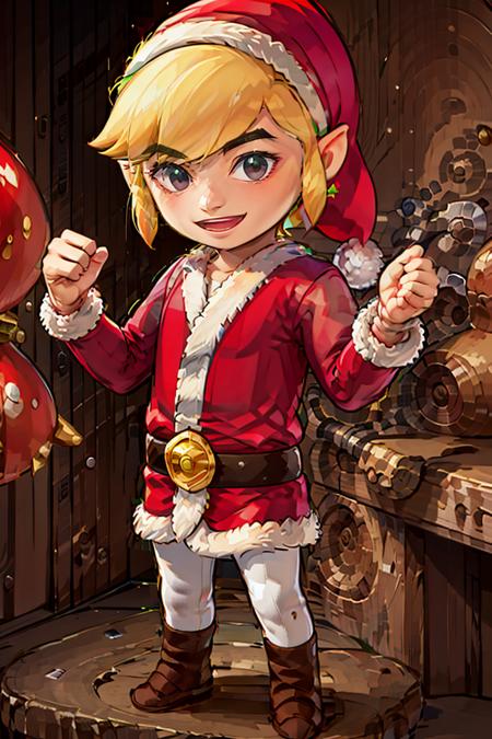 ((masterpiece,best quality)),  <lora:Toon_Link_Zelda_v2:0.9>, Santa_Link, black eyes, solo, 1boy, santa outfit, belt,  solo, smiling, standing, looking at viewer,