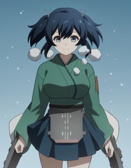 souryuu, short hair, black hair, blue eyes, ribbon, twintails, blue hair, hair ribbon, souryuu (kancolle), large breasts, skirt, japanese clothes, blue skirt, long sleeves,