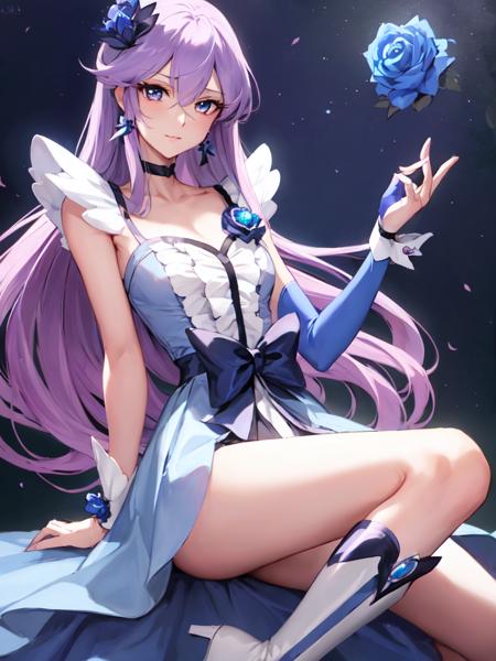 cure moonlight sidelocks, hair ornament, blue rose, wrist cuffs, ribbon, single elbow glove, boots, eyelashes, serious