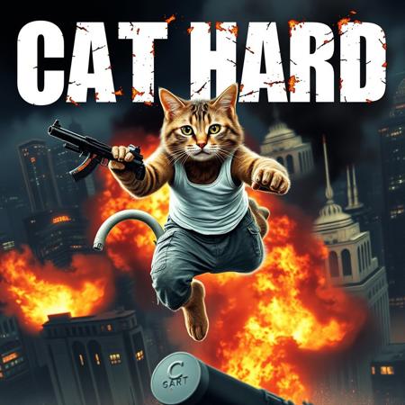 Create a movie poster image titled 'Cat Hard' white letters with fire, featuring John McClane from die hard. reimagined with a cat body with dirty white tank top, dirty grey pants, affraid face, worried face, with a gun in paw, holding a white firehose, jumping off a buiding, big  explosion behind, a big building background, night, city lights, helicopter with cat with guns background, parts of the building emerging from the explosion,