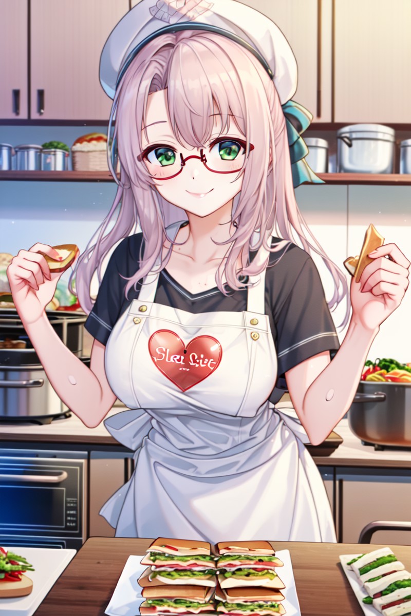 high quality, best quality, 1girl, solo,
neon \(nikke\) wearing a t-shirt and an apron is cooking in a kitchen, without gl...