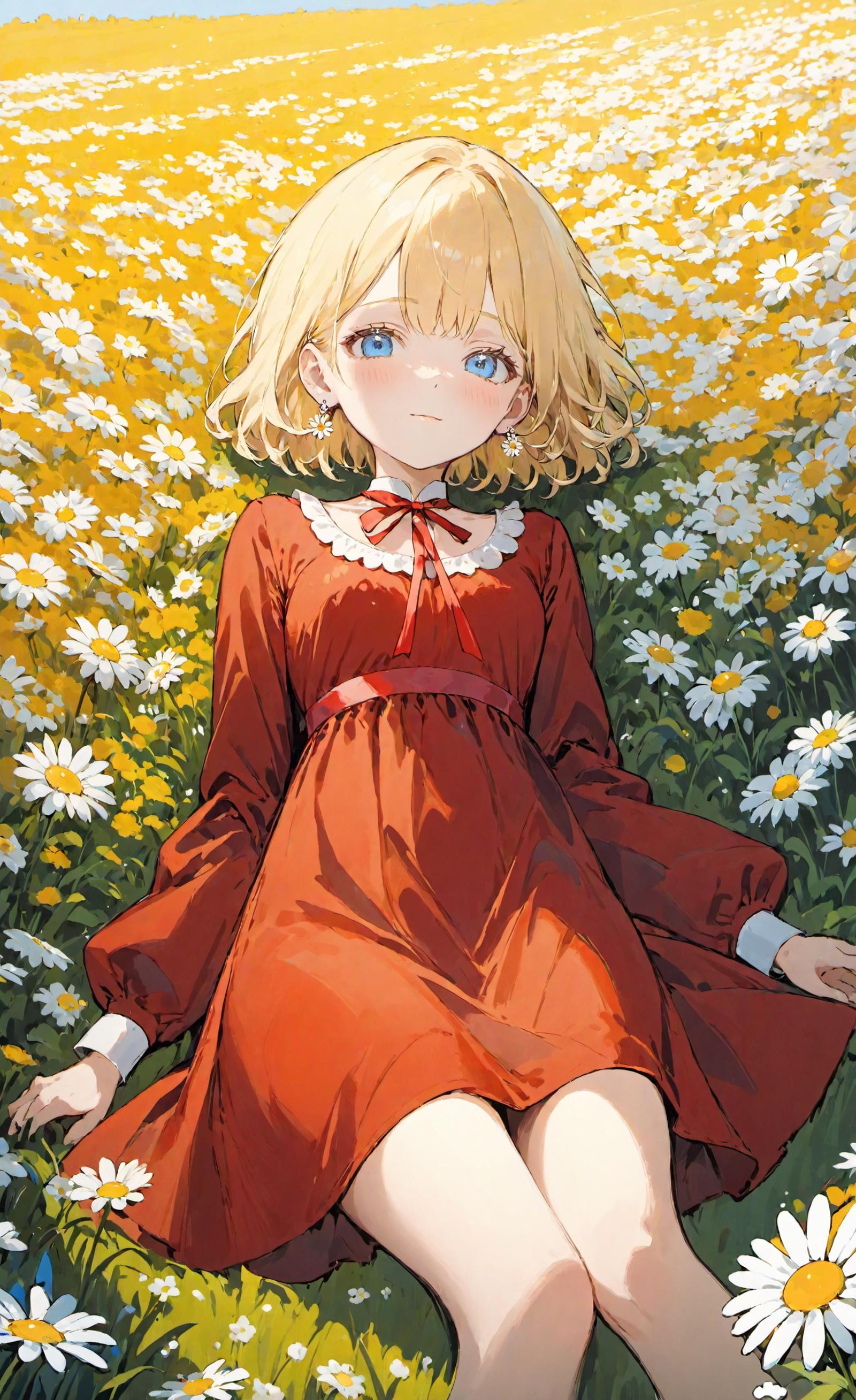 A cartoon girl in a red dress lying on the grass.