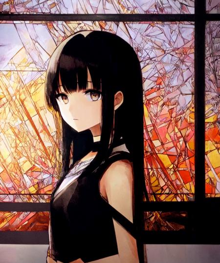 <lora:stained-glass-v1-000001:1>, girl, hair, bangs, sunset