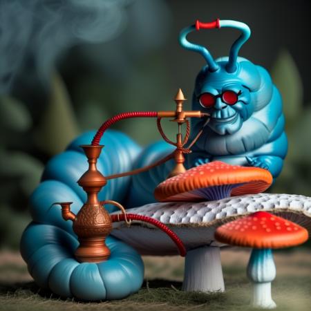 blue Cater01 with legs, solo, red hair, medium dark skin, on a mushroom, smoking a hookah