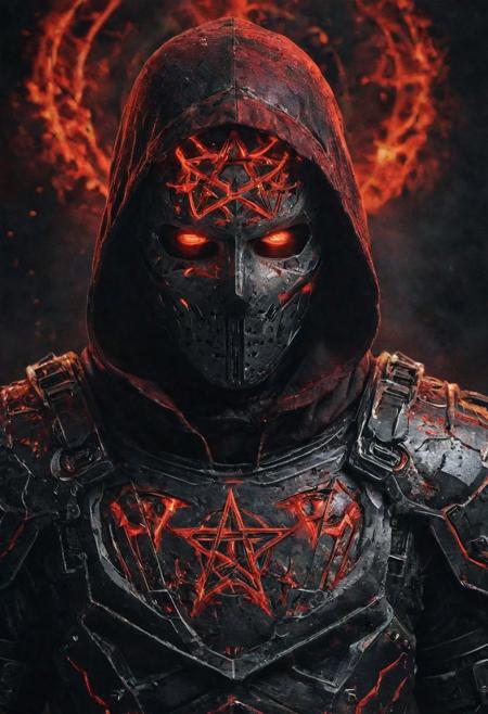 infernal burning armor warrior, black and red hooded adorned with pentagram, in the style of unreal engine 5. Apocalypsecore backround. 
Wide range of colors., Dramatic,Dynamic,Cinematic,Sharp details
Insane quality. Insane resolution. Insane details. Masterpiece. 32k resolution.
<lora:add-detail-xl:0.95> <lora:dvr-lnds-sdxl:0.3> dvr-lnds-sdxl <lora:MJ52:0.25> <lora:ral-apoctvisn-sdxl:0.3> ral-apoctvisn <lora:zavy-cntrst-sdxl:0.35> dark, chiaroscuro, low-key <lora:zavy-rmlght-sdxl:0.41> zavy-rmlght <lora:SDXLFaeTastic2400:0.225>