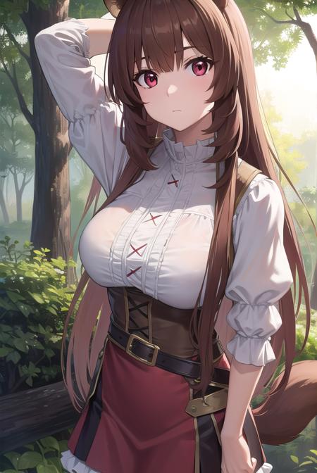 raphtalia, <lora:raphtalia-lora-nochekaiser:1>,
raphtalia, animal ears, brown hair, long hair, raccoon ears, raccoon girl, raccoon tail, (red eyes:1.5), tail,
BREAK arm garter, belt, brown belt, brown dress, dress, juliet sleeves, long sleeves, puffy sleeves, short dress,
BREAK looking at viewer,
BREAK outdoors, forest, nature, sun, sky, (cowboy shot:1.5),
BREAK <lyco:GoodHands-beta2:1>, (masterpiece:1.2), best quality, high resolution, unity 8k wallpaper, (illustration:0.8), (beautiful detailed eyes:1.6), extremely detailed face, perfect lighting, extremely detailed CG, (perfect hands, perfect anatomy),