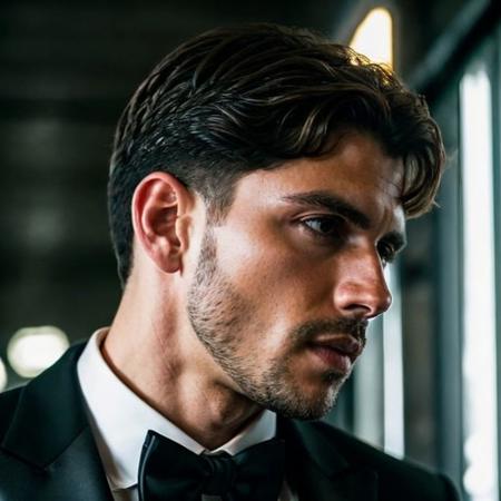 DSLR photo of guillechoa person using a tuxedo.face side portrait.in blade runner.daylight.professional photography.high resolution.detailed photo.RAW.still film.f/16.uhd.hdr.4k <lora:guillechoa_66150:1>