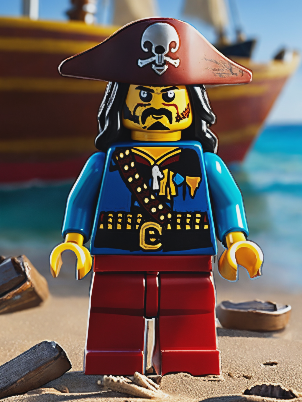 LEGO MiniFig, Jack Sparrow in the film of Pirates of the Caribbean, standing by a broken boat on beach <lora:lego_v2.0:0.8...