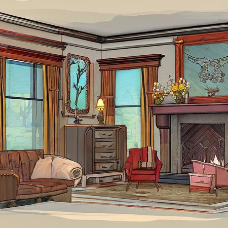 a fireplace mantel in a decorated living room from the 1950's with display furniture and fine decor InkSketchColour1Subtle