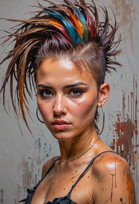 oil painting, heavy brushstrokes, paint drips, a breathtaking portrait
of young woman, mohawk hair, multicolored hair, brown eyes, model pose,  realistic face, fantasy, intricate details, hyper detailed, by Henry Asencio, Jean Baptiste Monge, rich, deep colors,
layered image shaded by cells, masterpiece,  depth of field, perfect composition, award winner, artstation,
acrylic painting, palette knife and brush strokes