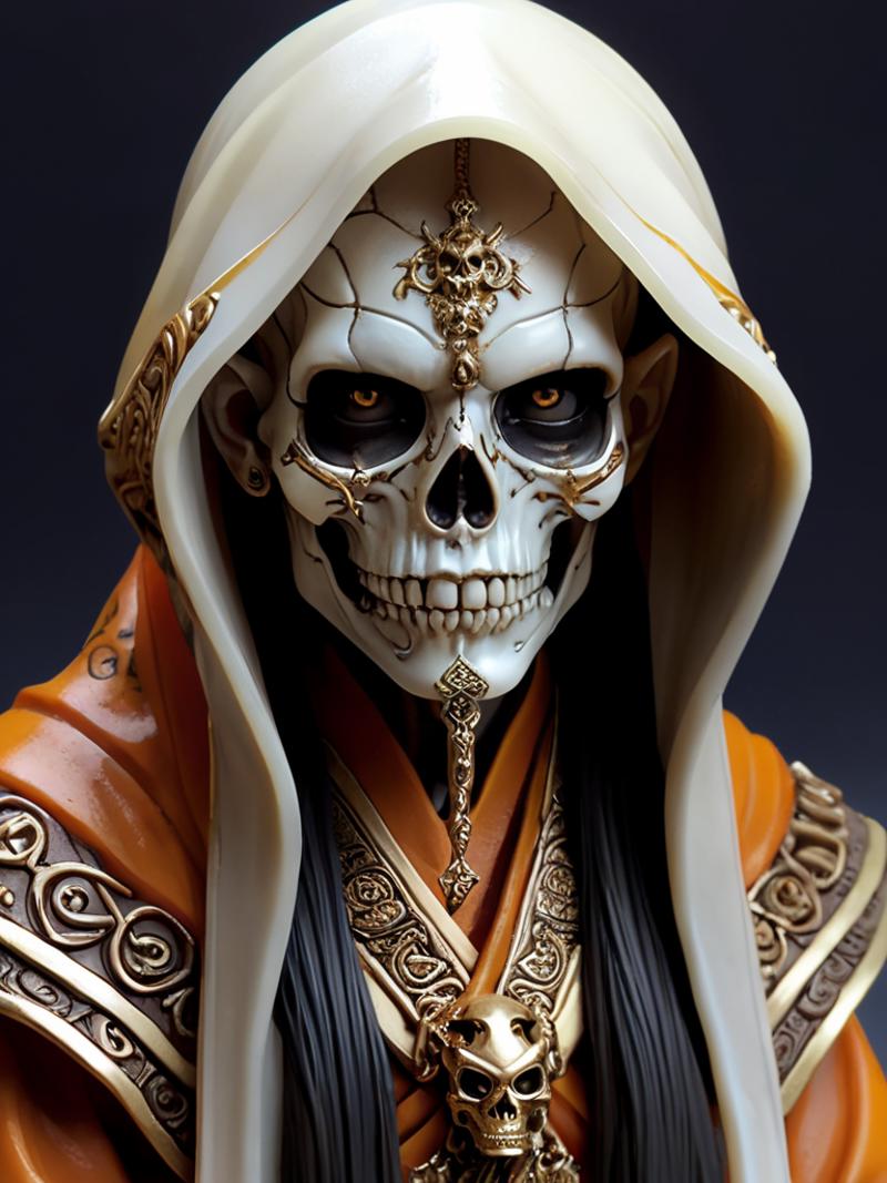 A Skeleton in a White Robe with Black Hair, Gold Decorations and an Evil Eye.