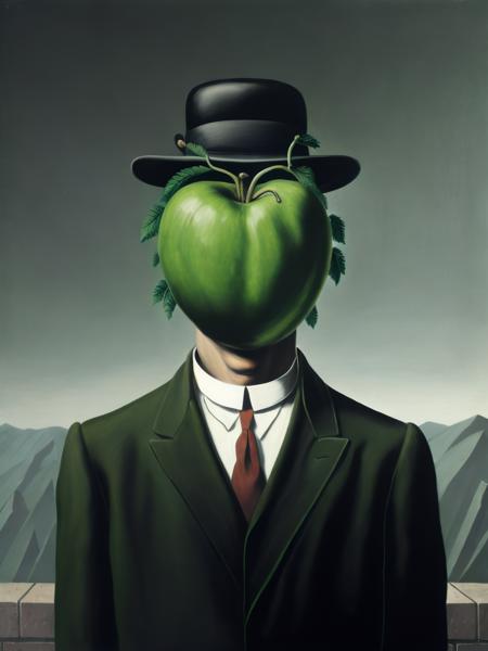 <lora:ReneMagritte:1>a painting of a man with a green apple on his face