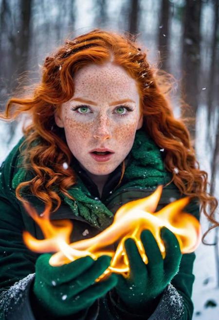 Scandinavian woman in snowy forest, burning hands, breathing fire from mouth,  smoke from nostrils, glowing eyes, magic fire, fire powers, dramatic light, high contrast shadows, creating fire, 
a woman with pyrokinetic powers, in snow storm,( freckles:1.5), green eyes, ginger hair, big curls, looking at viewer, wearing superhero outfit, wrapped in fire, infernal fire melting snow, 
outside medium full shot, dutch angle, twisted view,
cinematic, detailed textures, bokeh, natural lighting, 4k uhd, dslr, soft lighting, high quality, Fujifilm XT3