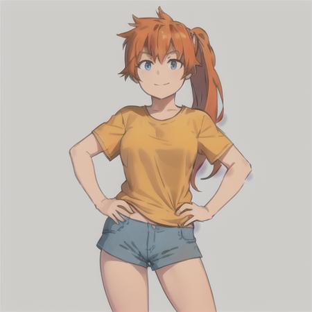 itsuka kendou, 1girl, solo, long hair, breasts, looking at viewer, smile, blue eyes, simple background, shirt, white background, closed mouth, ponytail, short sleeves, cowboy shot, shorts, orange hair, hands on hips, side ponytail, short shorts,  blue shorts, yellow shirt  <lora:ItsukaKendoLoRA-10:0.6>