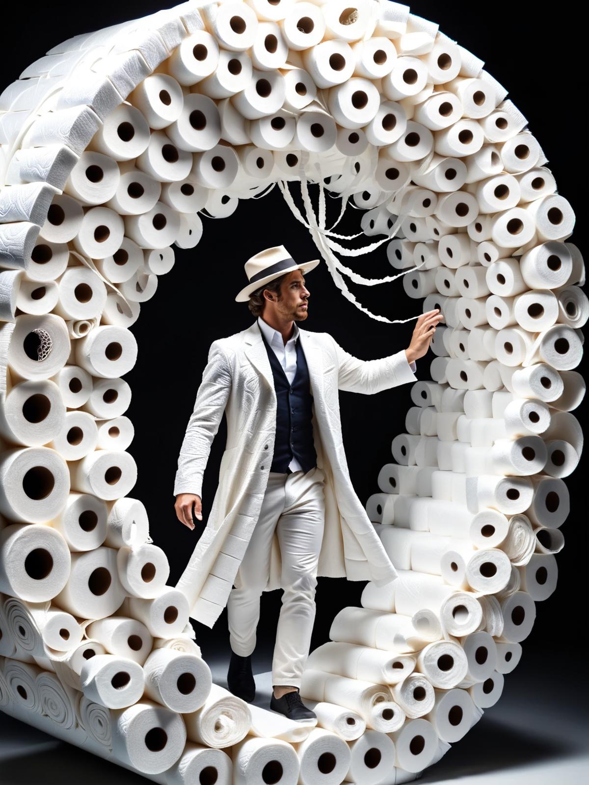 Man in a white suit and hat standing in front of a giant toilet paper roll.