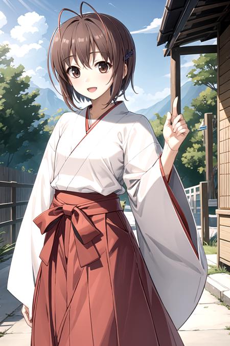 best quality, ultra-detailed, an extremely delicate and beautiful, high resolution, extremely detailed CG, masterpiece,
cowboy shot,
light smile,
BREAK,
yosuga, amatsume akira, 1girl, solo,  brown hair, brown eyes, antenna hair, short hair,  hair ornament,
japanese clothes, miko,red hakama, hakama, hakama skirt, 
outdoor,
<lora:yosuga_V1_3-000018:0.8>,
jumping,