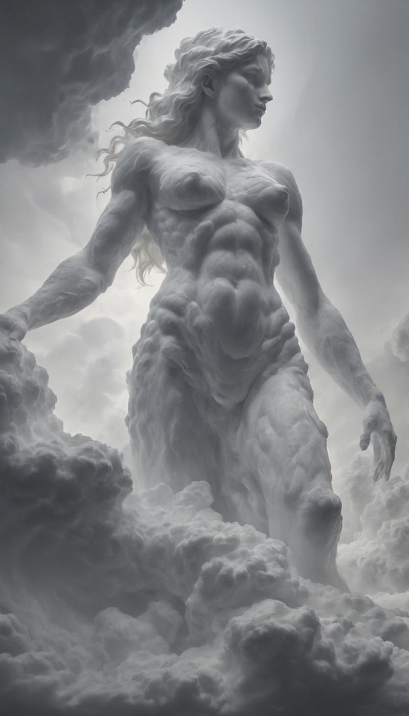A statue of a naked woman standing in the clouds.