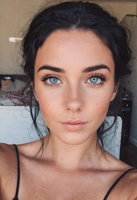 instagram photo, full face, European girl, black hair, perfect detailed eyes, natural skin
