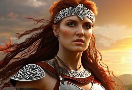 the day in the day of Celtic barbarian woman before the Romans invaded . High Definition 64K, Detailed and Intricate, Digital Art, Photo, Realistic, Cinematic, Studio Lighting, Beautiful Lighting, landscape view