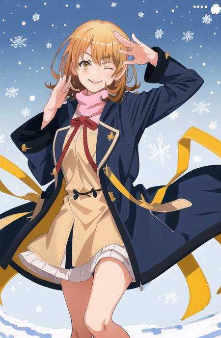 masterpiece, high quality, best quality, high resolution, 4k, high definition, beautiful lighting, highly detailed face, well drawn hands, well drawn legs, well drawn feet, well drawn eyes,1girl, iroha, brown hair, short hair, yellow eyes, (((blue colored  winter coat))), pink shirt, red ribbon, smiling , blue muffler around neck, saluting , hand over head,(((one eye closed))),smirk,standing , petite face, <lora:Isshiki_Iroha-01:1>