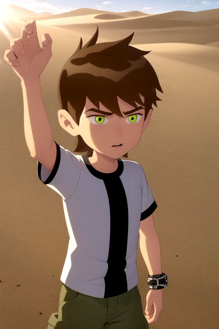 masterpiece, best quality, 1boy, bentennyson, green eyes, cargo pants, shirt, desert background, dune, sunray <lora:Ben10:1>