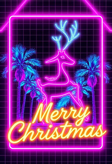 A retro-futuristic Christmas card frames a glowing neon reindeer outlined in bright pink and purple, evoking 80s nostalgia. Against a grid-patterned background, palm trees radiate soft blue neon light. The phrase 'Merry Christmas' bursts forth in vibrant yellow neon script, adding to the nostalgic charm of this futuristic holiday greeting.