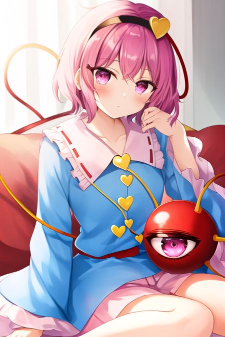 masterpiece, best quality, highres, solo, {komeiji_satori_touhou:1.10}, heart, short_hair, hairband, third_eye, pink_hair, pink_eyes, blush, eyeball, hair_ornament, heart_hair_ornament