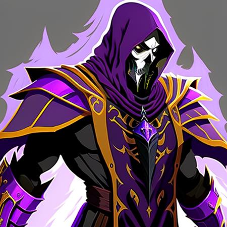 <lora:NortromSilencer:0.8> NortromSilencer man, Grim Reaper, bad ass, death,  black cloak, scythe, skeleton, reaper, purple and gold armored robes