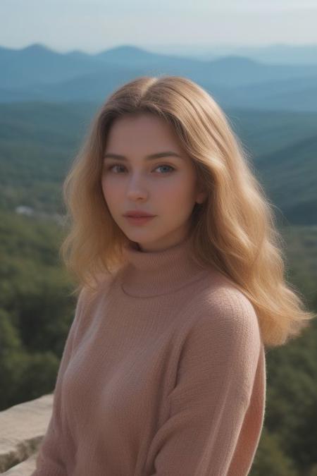 35mm film, one pretty european girl, solo, suppermodel, blonde hair, long wavy hair, pale skin, prefect face, makeup, small nose, blue eyes, lips, collarbone, big tits, saggy breasts, cleavage, necklace, jewelry, pink patterned dress, looking at viewer, looking at viewer, a breathtaking mountain summit, offering panoramic views of majestic peaks and sweeping valleys, nature light, upper body, epiCPhoto, <lora:pytorch_lora_weights:0.5>, <lora:picxer_real:0.7>, <lora:FilmVelvia3:0.3>, <lora:more_details:0.6>
