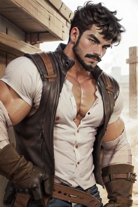 Wagner_Genshin_Impact, solo, short hair, shirt, black hair, gloves, 1boy, brown eyes, white shirt, male focus, muscular, facial hair, bandages, pectorals, muscular male, bara, beard, brown gloves, mature male, mustache, leather, pectoral cleavage, <lora:Wagner_Genshin_Impact:1>